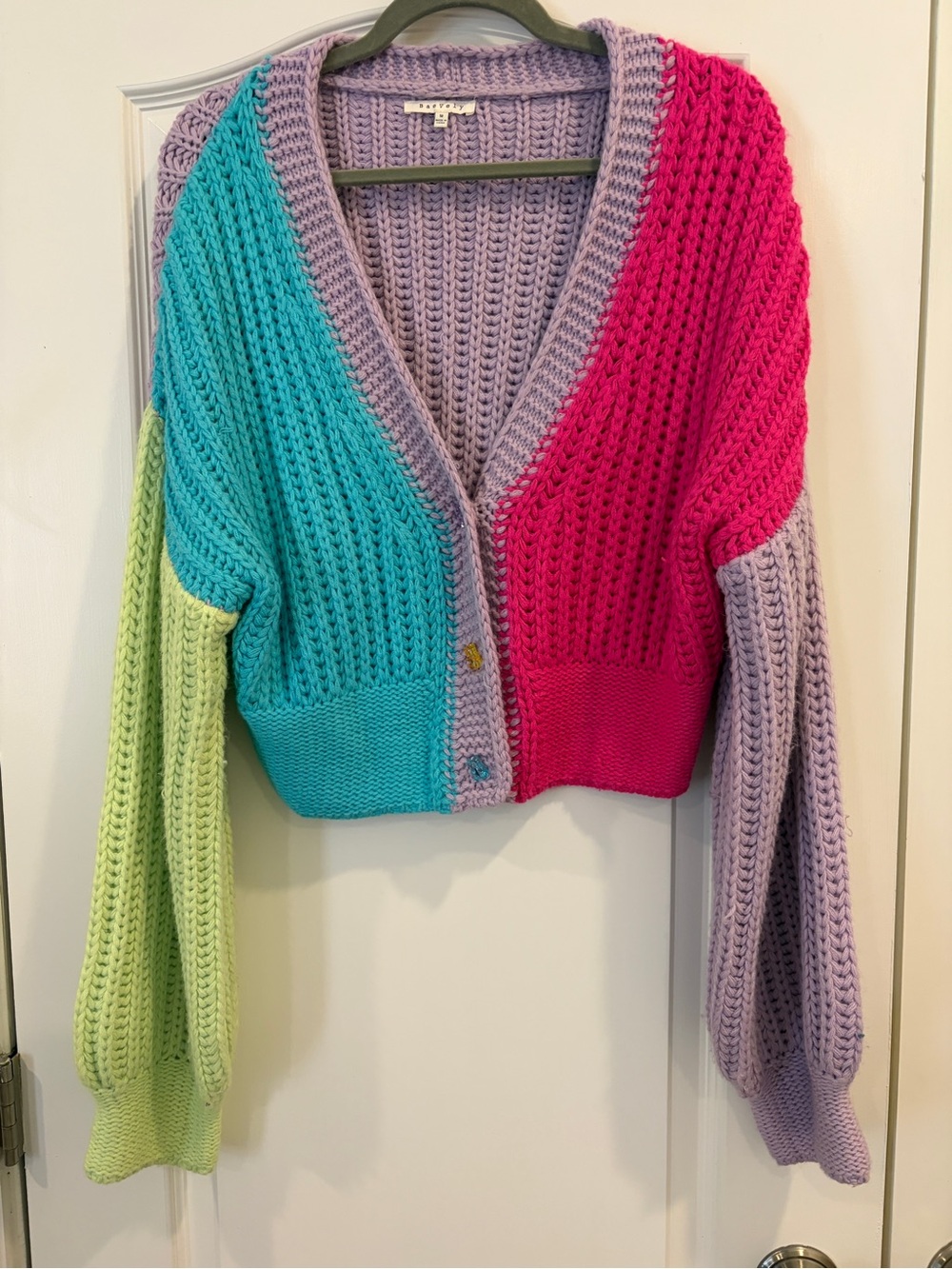 Baevely Colorblock Cropped Chunky Knit Cardigan - Pink, Teal, Lime, Lavender